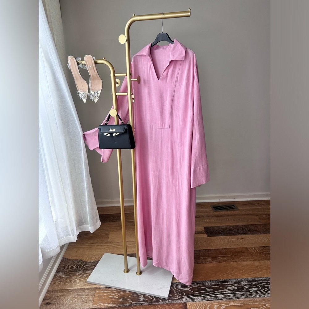 Linen Pink Long Sleeve Dress Abaya Dress Modest Dress